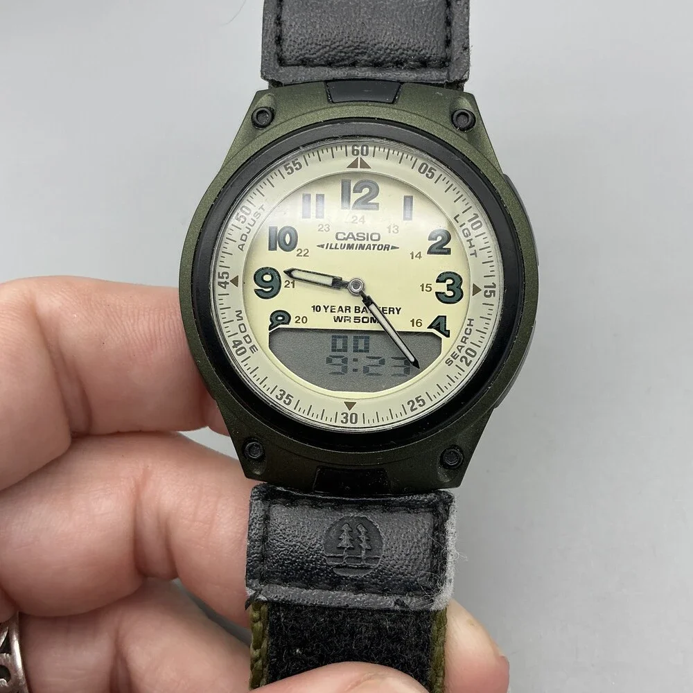 Casio 2747 AW-80 Mens Watch 40mm Beige Dial Green Telememo 30 Illuminator